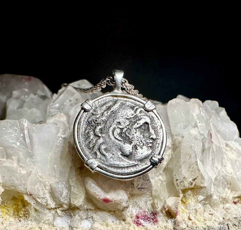 Ancient Greek Alexander the Great silver Drachm in sterling silver pendant