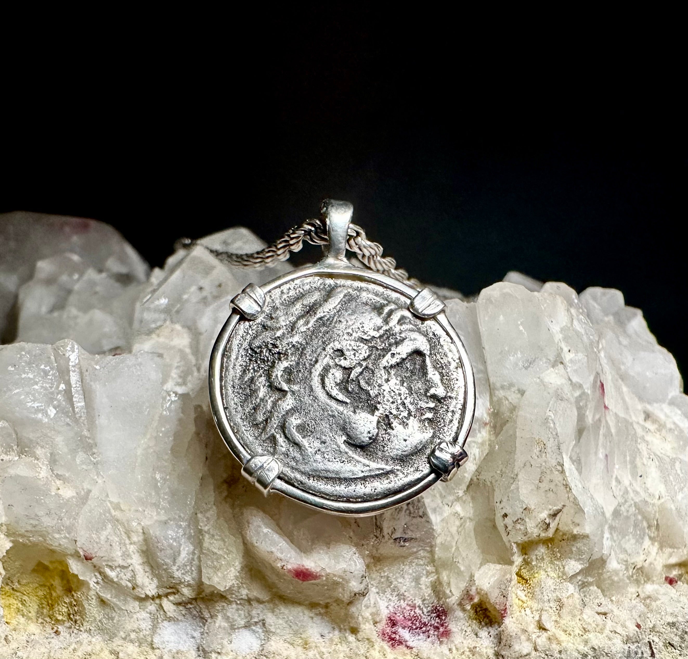Ancient Greek Alexander the Great silver Drachm in sterling silver pendant