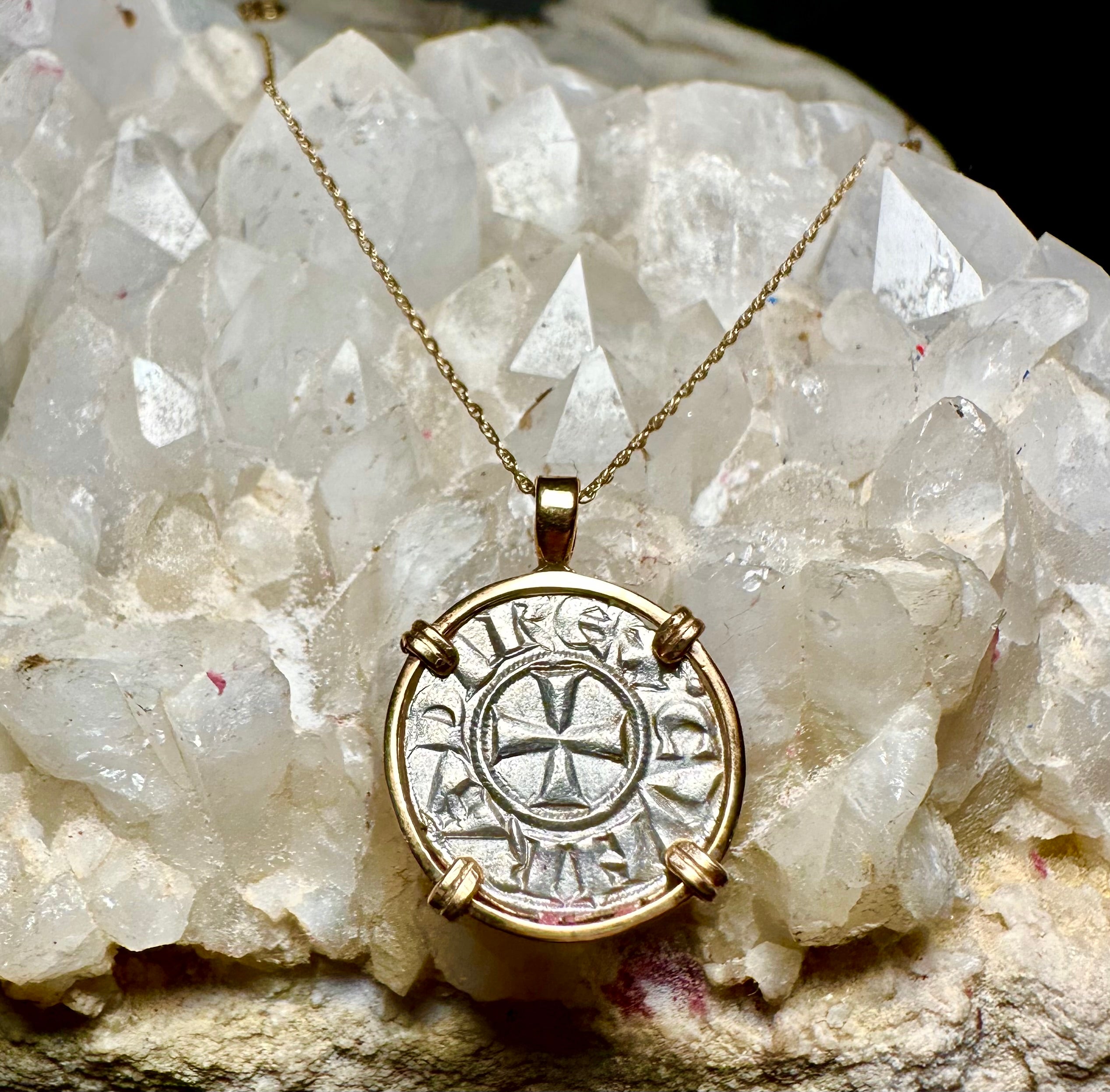 Medieval 13th century Italian Christian crusader coin in 14k yellow gold filled pendant