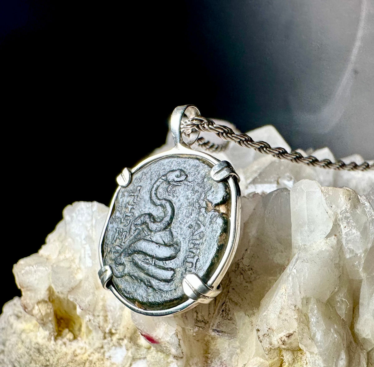 Ancient Greek Zeus and Serpent coin in sterling silver pendant