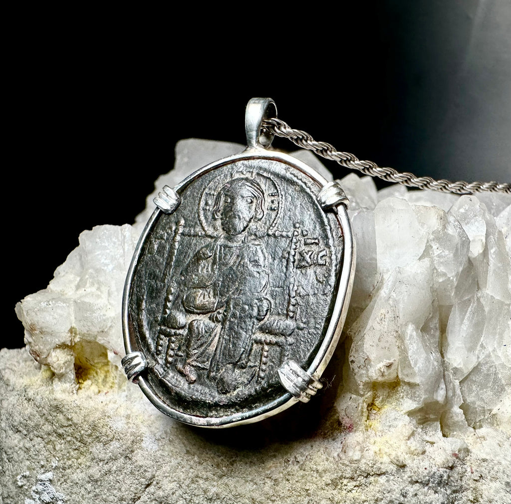 Ancient Byzantine Christ coin in sterling silver pendant “Christ king of Kings” inscription