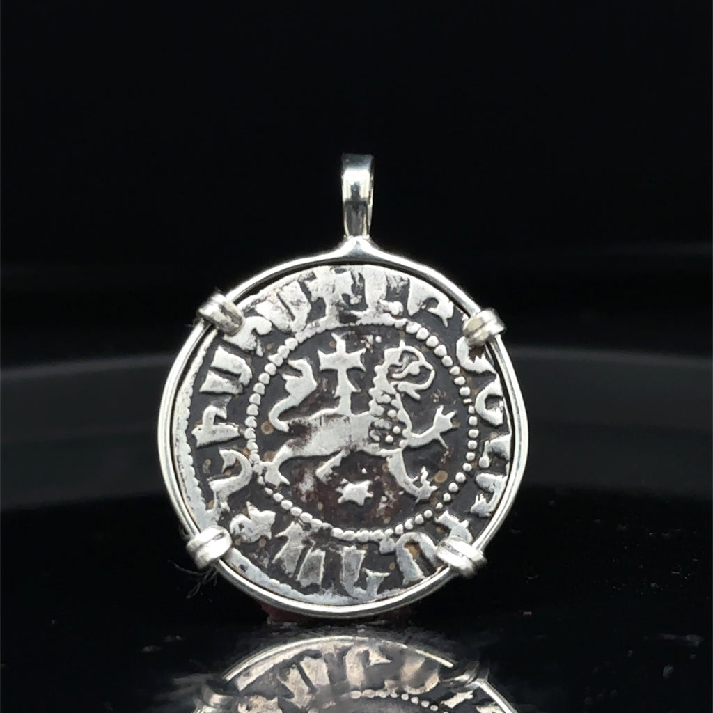 Medieval Christian Lion and Cross Silver Coin in Sterling Silver Pendant