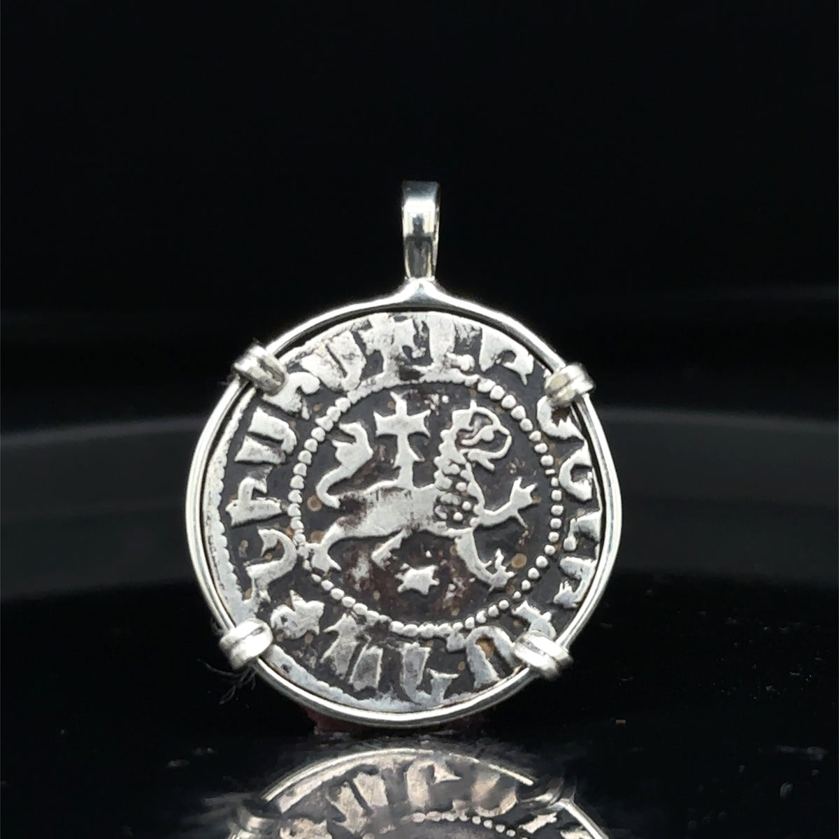 Medieval Christian Lion and Cross Silver Coin in Sterling Silver Pendant