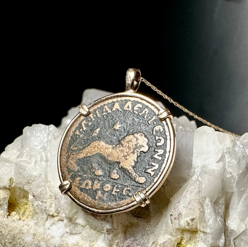 Ancient Roman lion coin in 14k yellow gold filled pendant