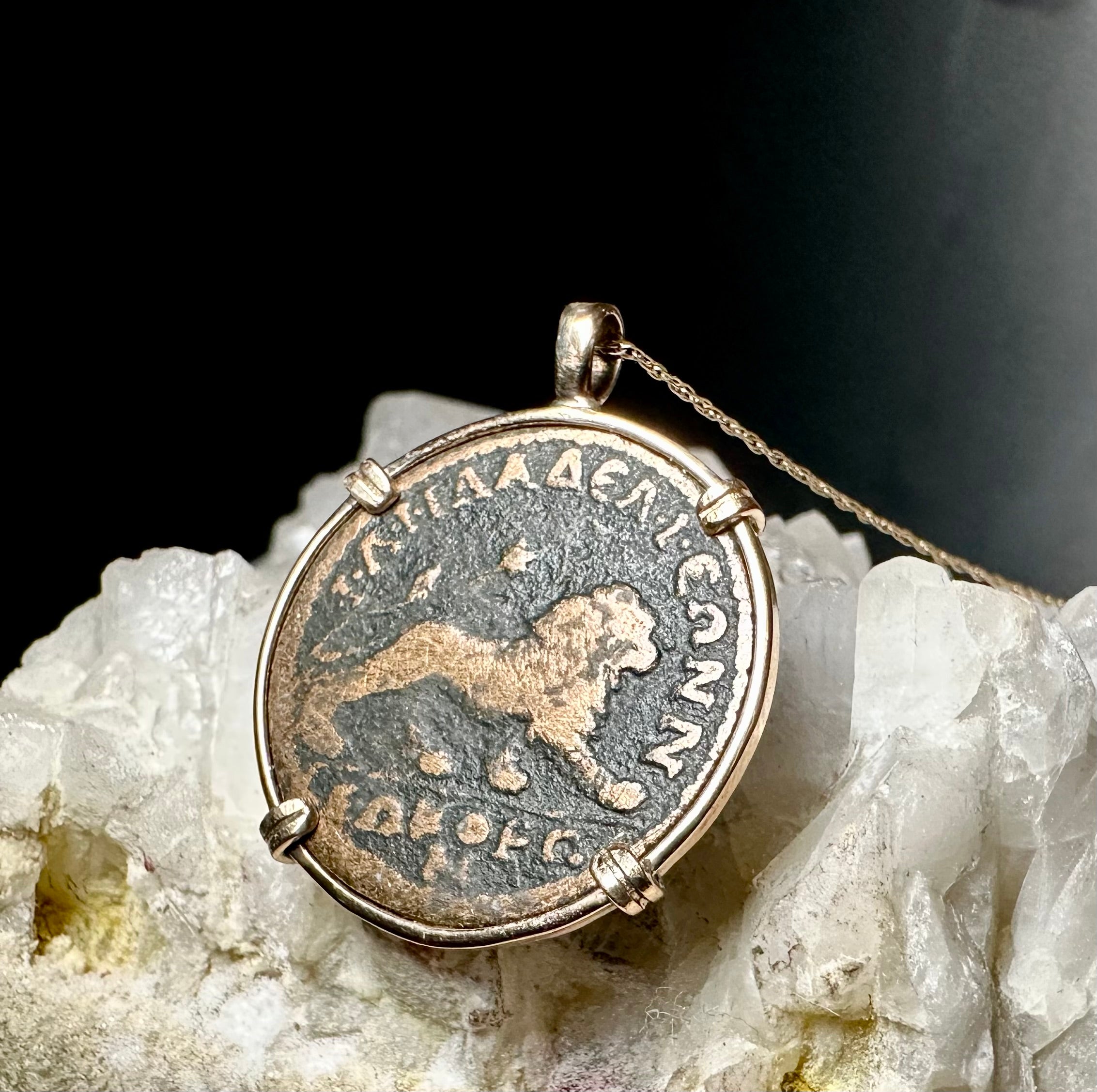 Ancient Roman lion coin in 14k yellow gold filled pendant