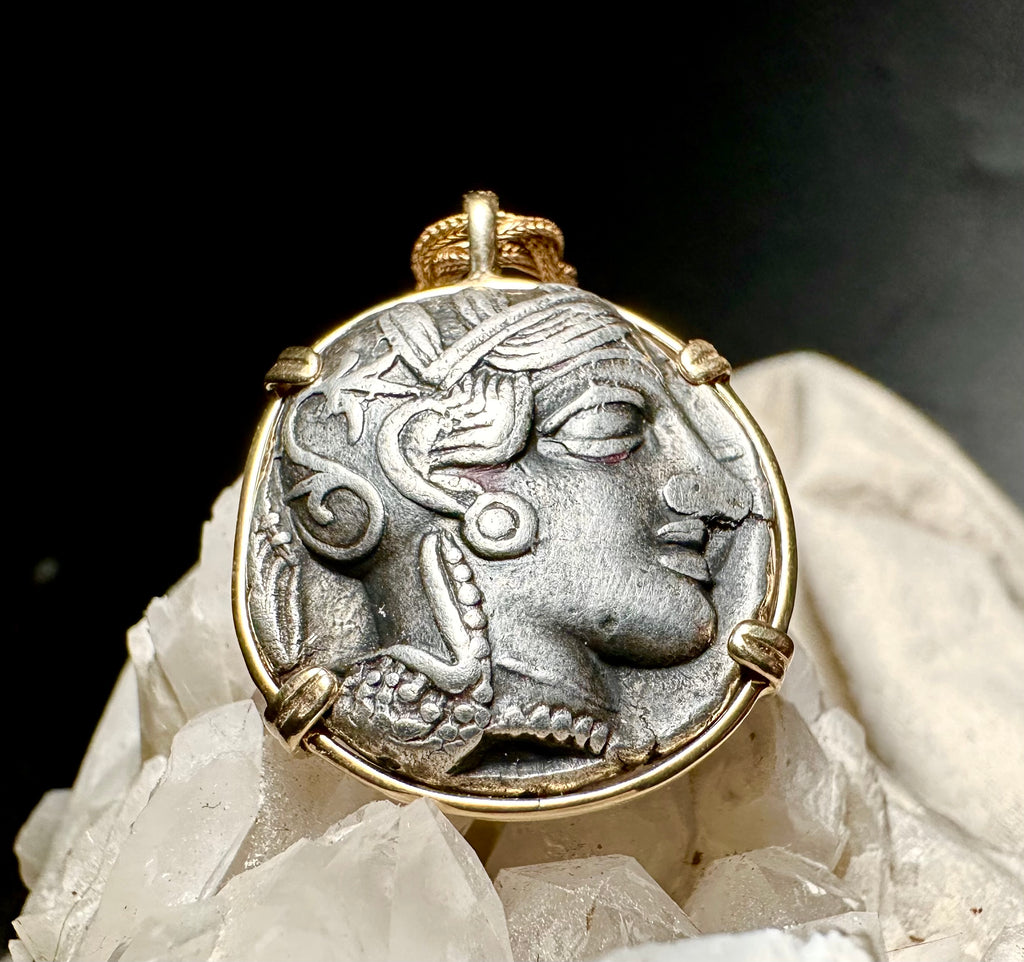 Ancient Athenian Owl and Athena silver tetradrachm in 14k solid gold pendant