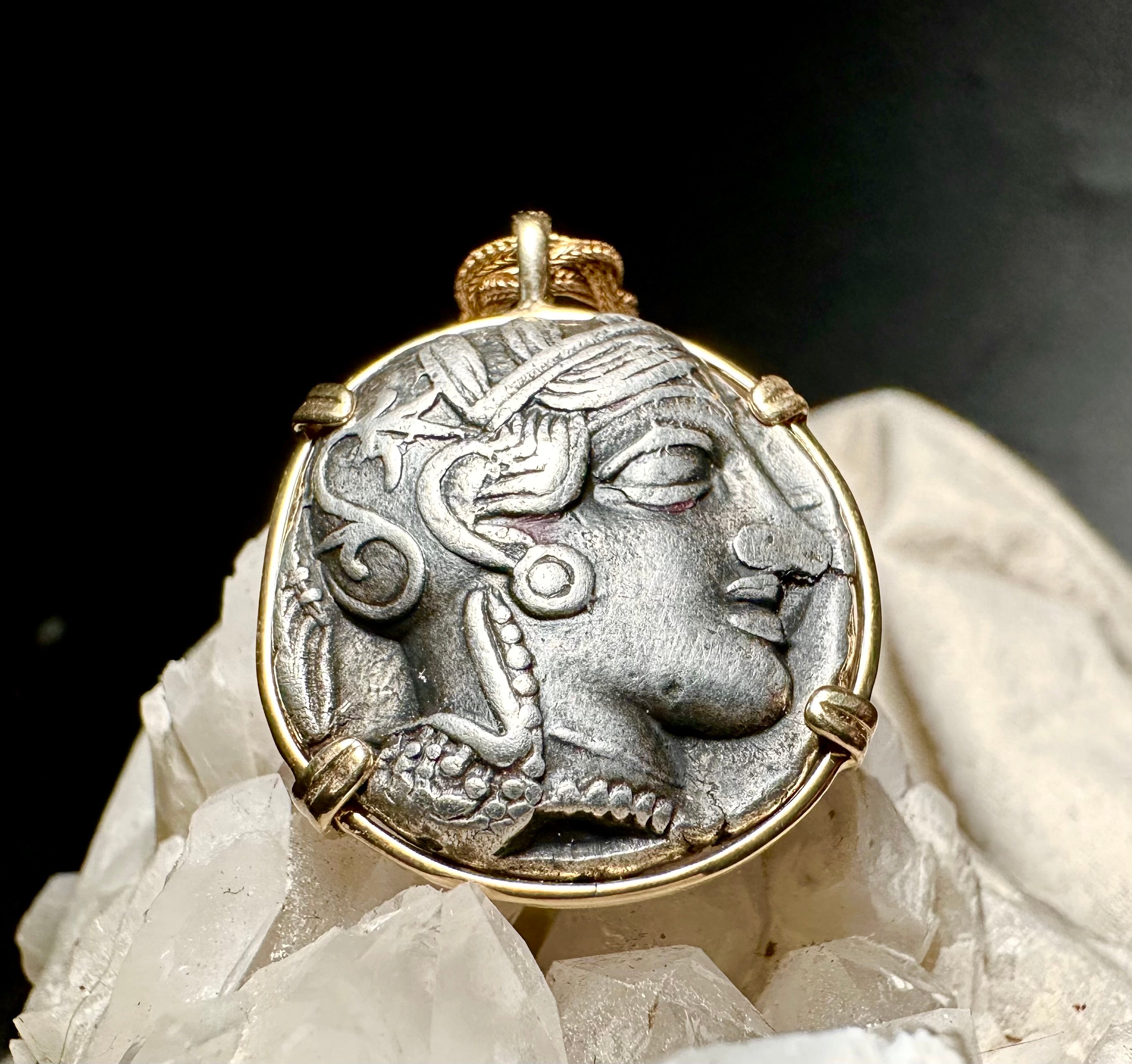 Ancient Athenian Owl and Athena silver tetradrachm in 14k solid gold pendant