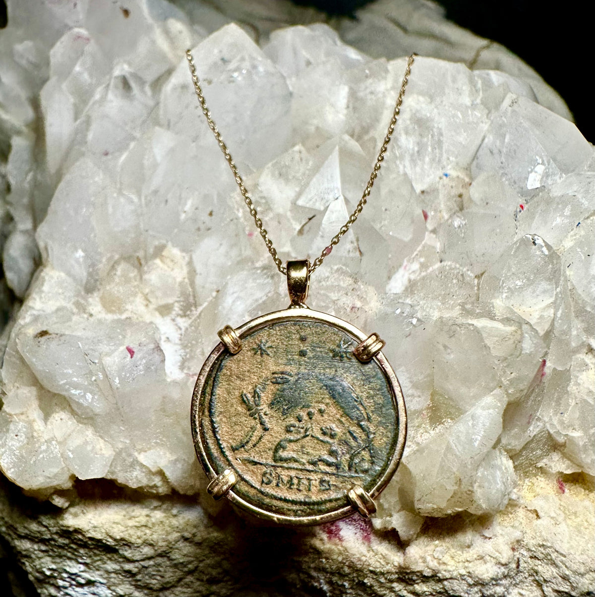Ancient Roman She Wolf coin in 14k yellow gold filled pendant