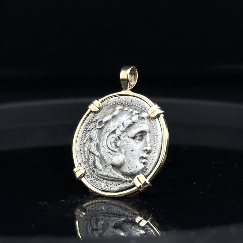 Alexander the Great Silver Drachm in Solid 14k Yellow Gold Pendant