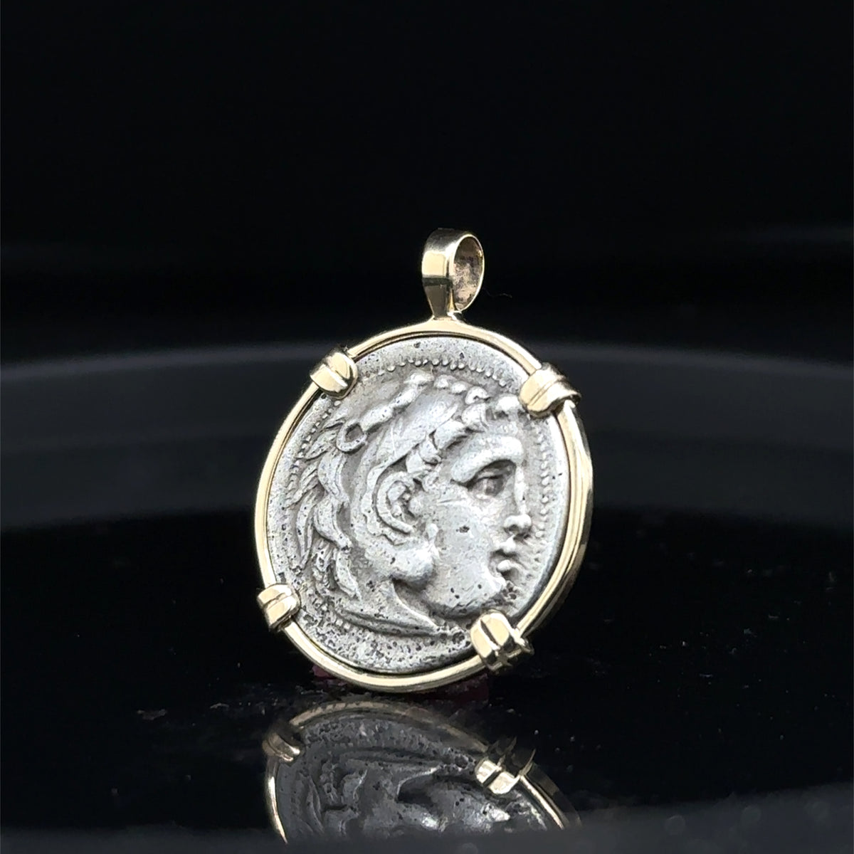 Alexander the Great Silver Drachm in Solid 14k Yellow Gold Pendant