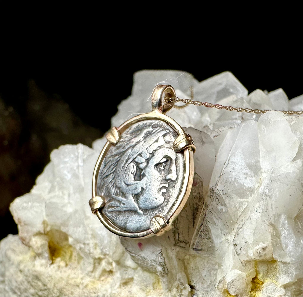 Alexander the Great silver Drachm in 14k yellow gold filled pendant