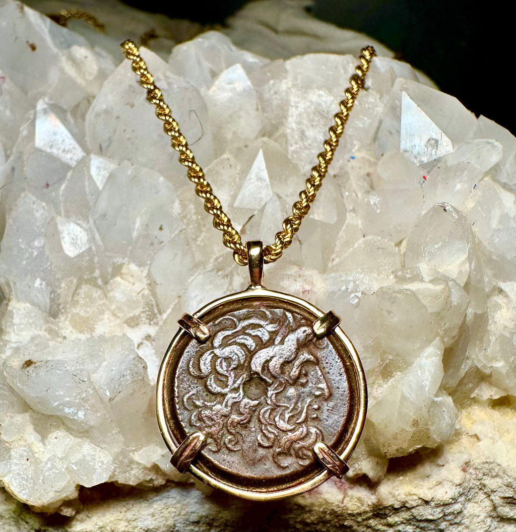 Ancient Egyptian coin of Zeus Ammon and Twin Eagles in 14k yellow gold filled pendant