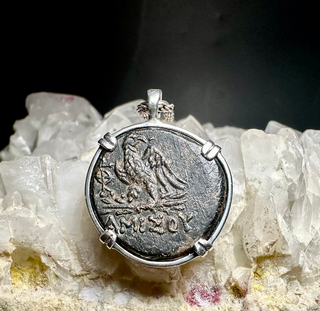 Ancient Greek Zeus and Eagle coin in sterling silver pendant