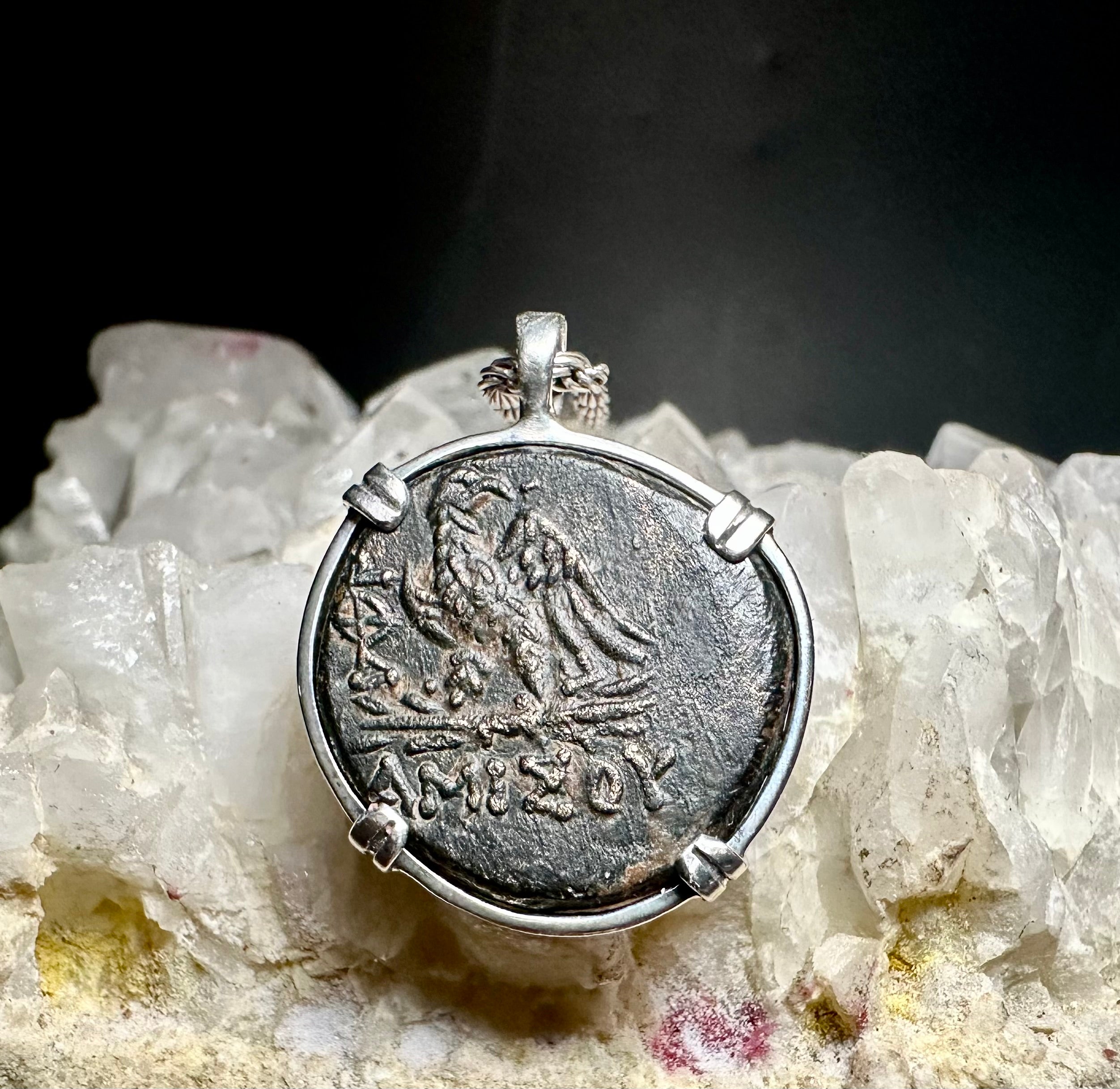 Ancient Greek Zeus and Eagle coin in sterling silver pendant