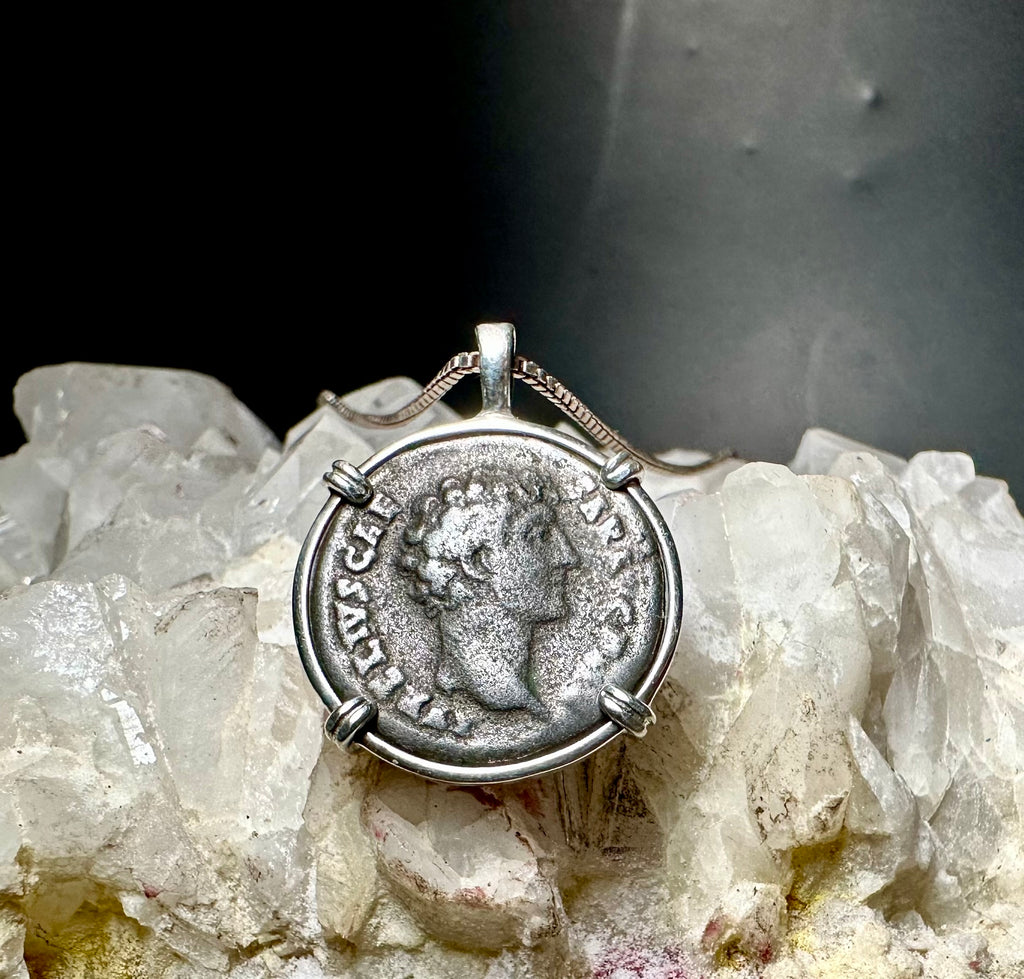 Ancient Roman Marcus Aurelius silver denarius in sterling silver pendant