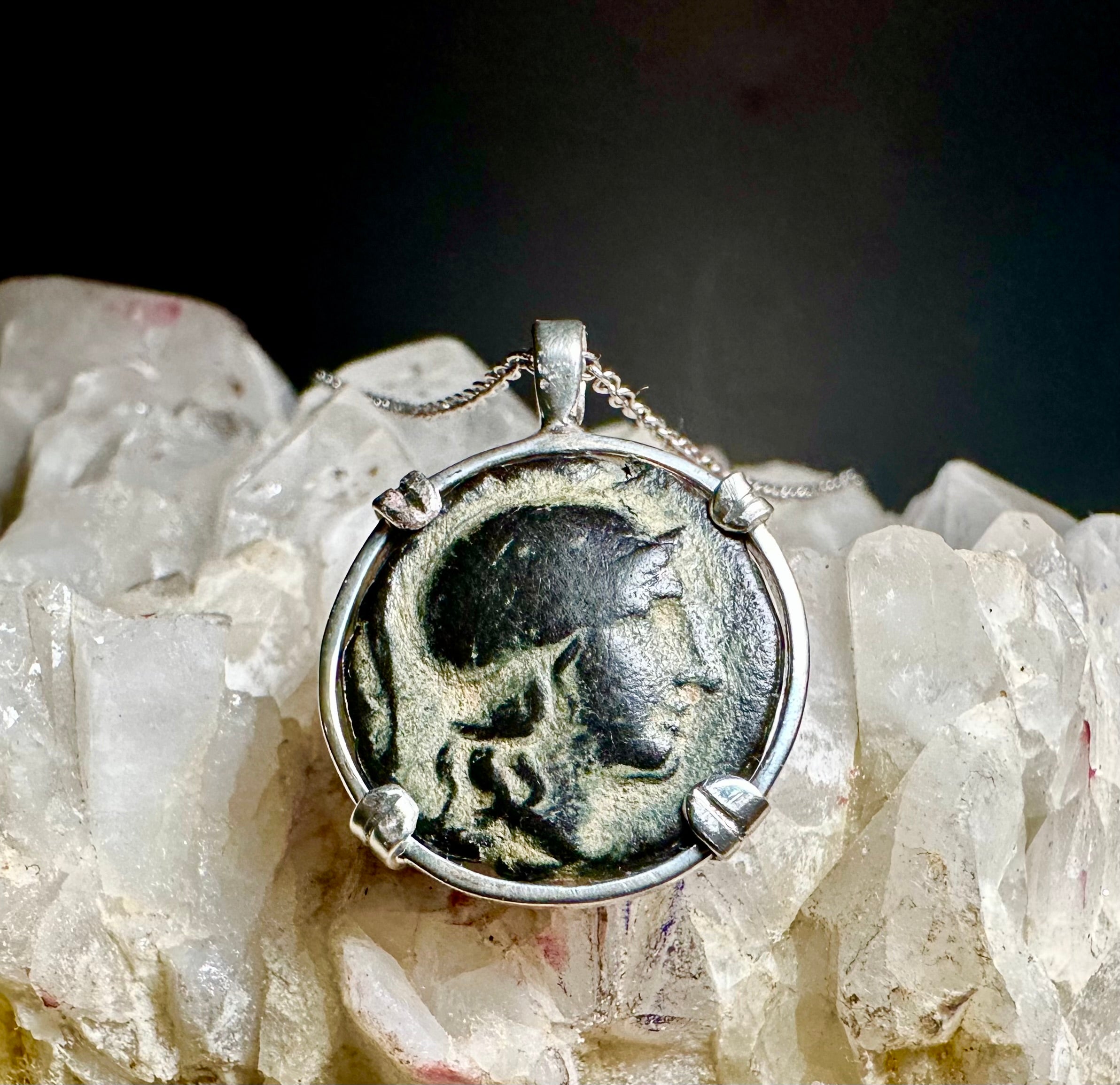 Ancient Greek Athena and Lion coin in sterling silver Pendant