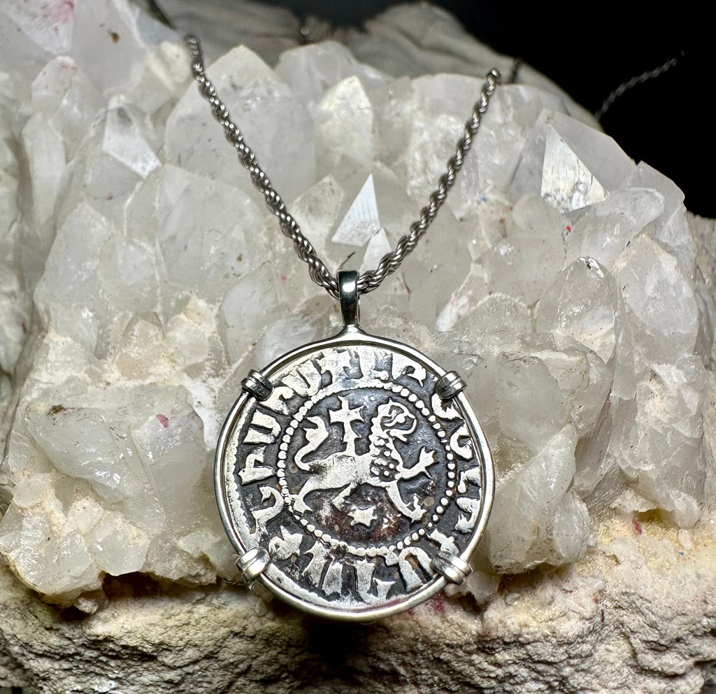 Medieval Christian Lion and Cross Silver Coin in Sterling Silver Pendant