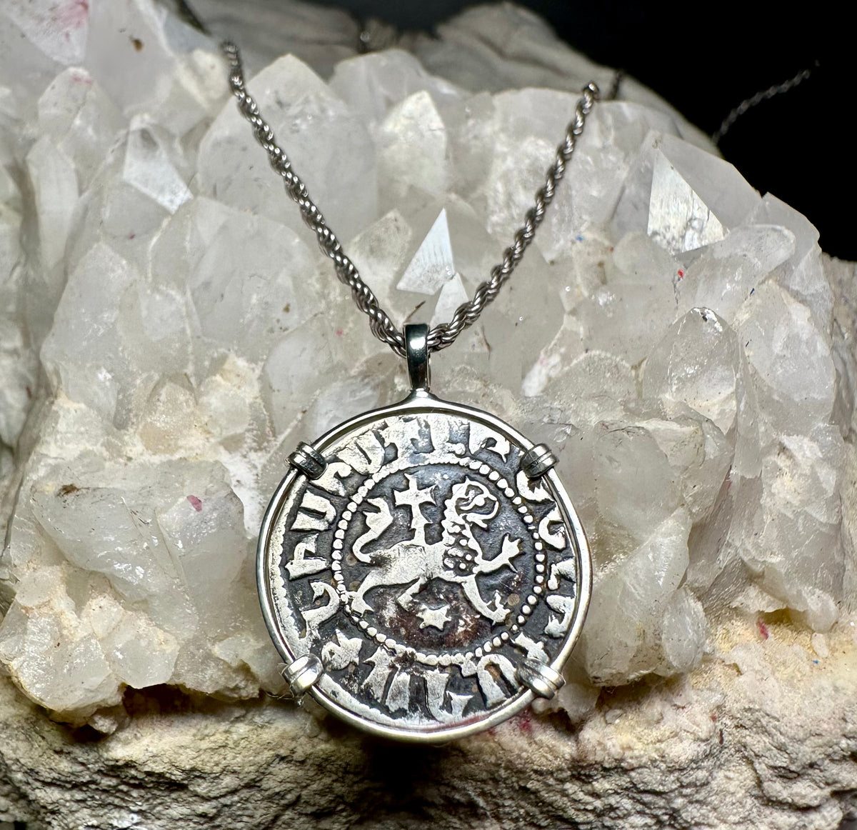Medieval Christian Lion and Cross Silver Coin in Sterling Silver Pendant
