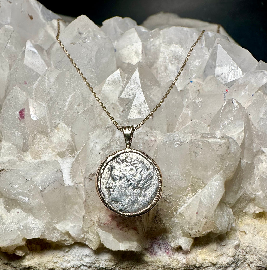 Ancient Greek Apollo and Lion silver coin in solid 14k yellow gold bezel