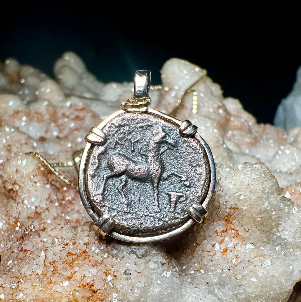 Ancient Greek Horse coin in 14k yellow gold filled pendant