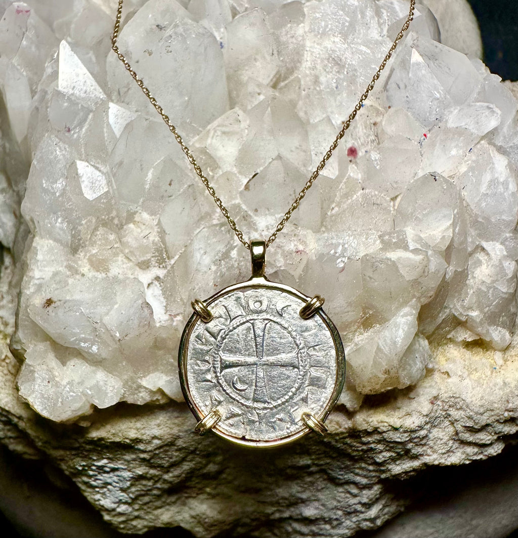12th century Templar Crusader coin in solid 14k yellow gold pendant