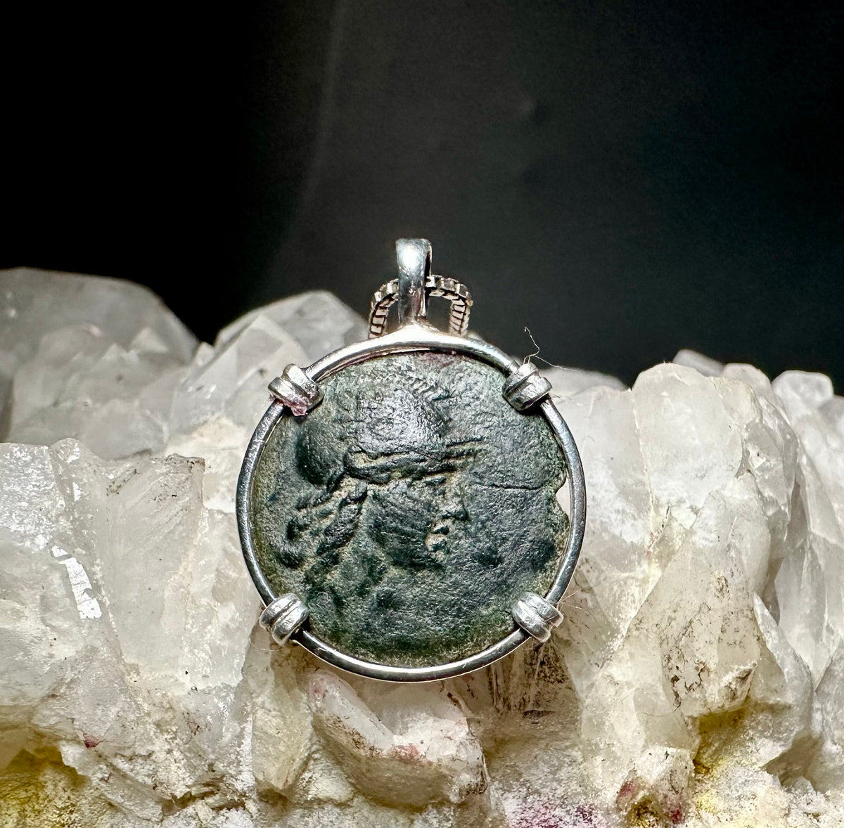 Ancient Greek Owl and Athena coin in sterling silver pendant
