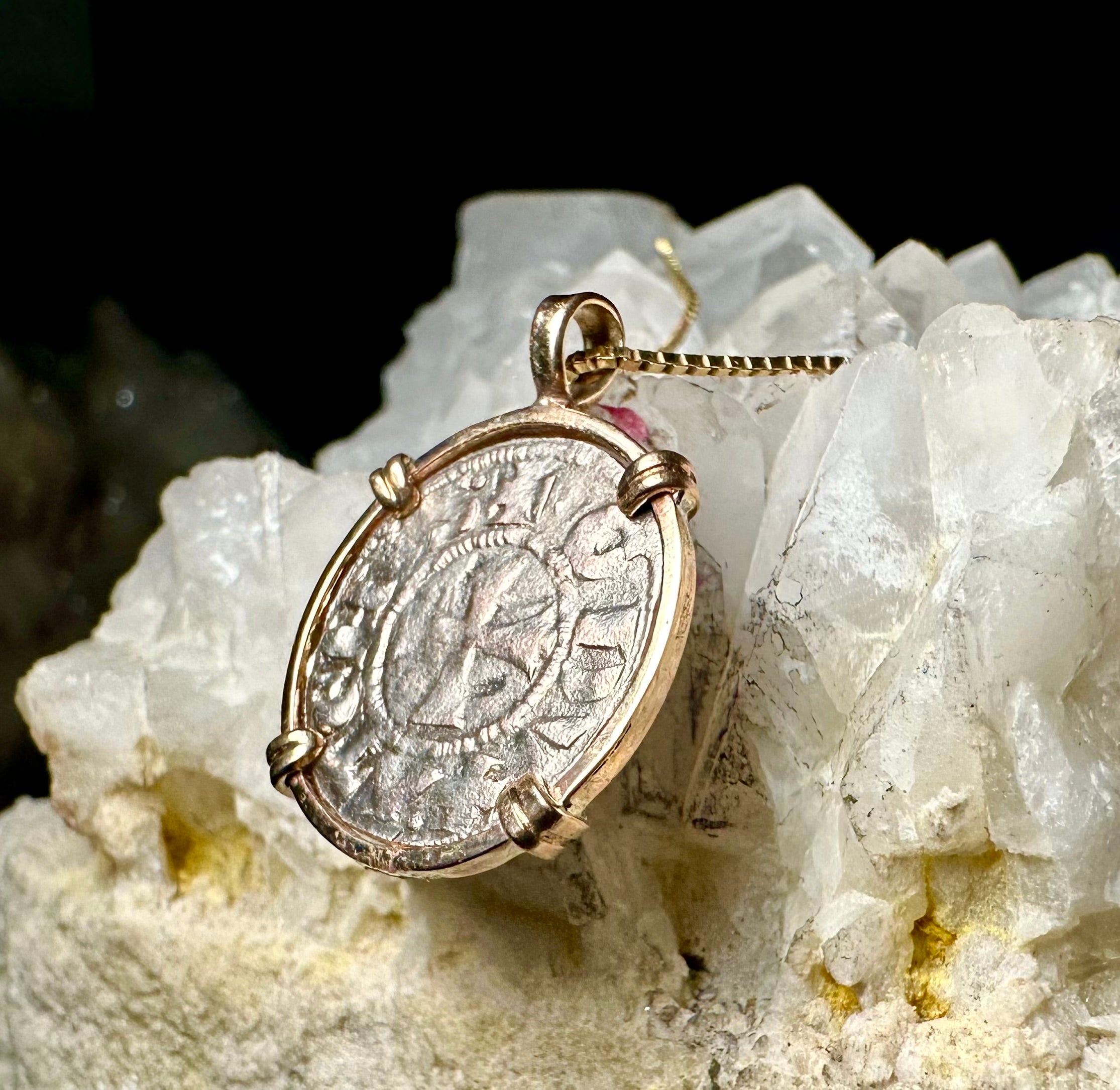 13th century silver Christian Crusader coin in 14k yellow gold filled pendant