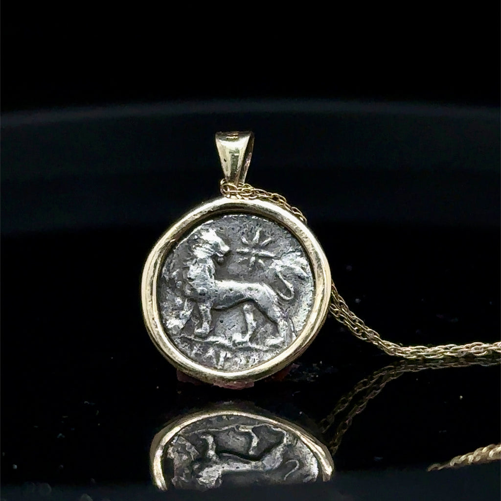Ancient Greek Apollo and Lion silver coin in solid 14k yellow gold bezel