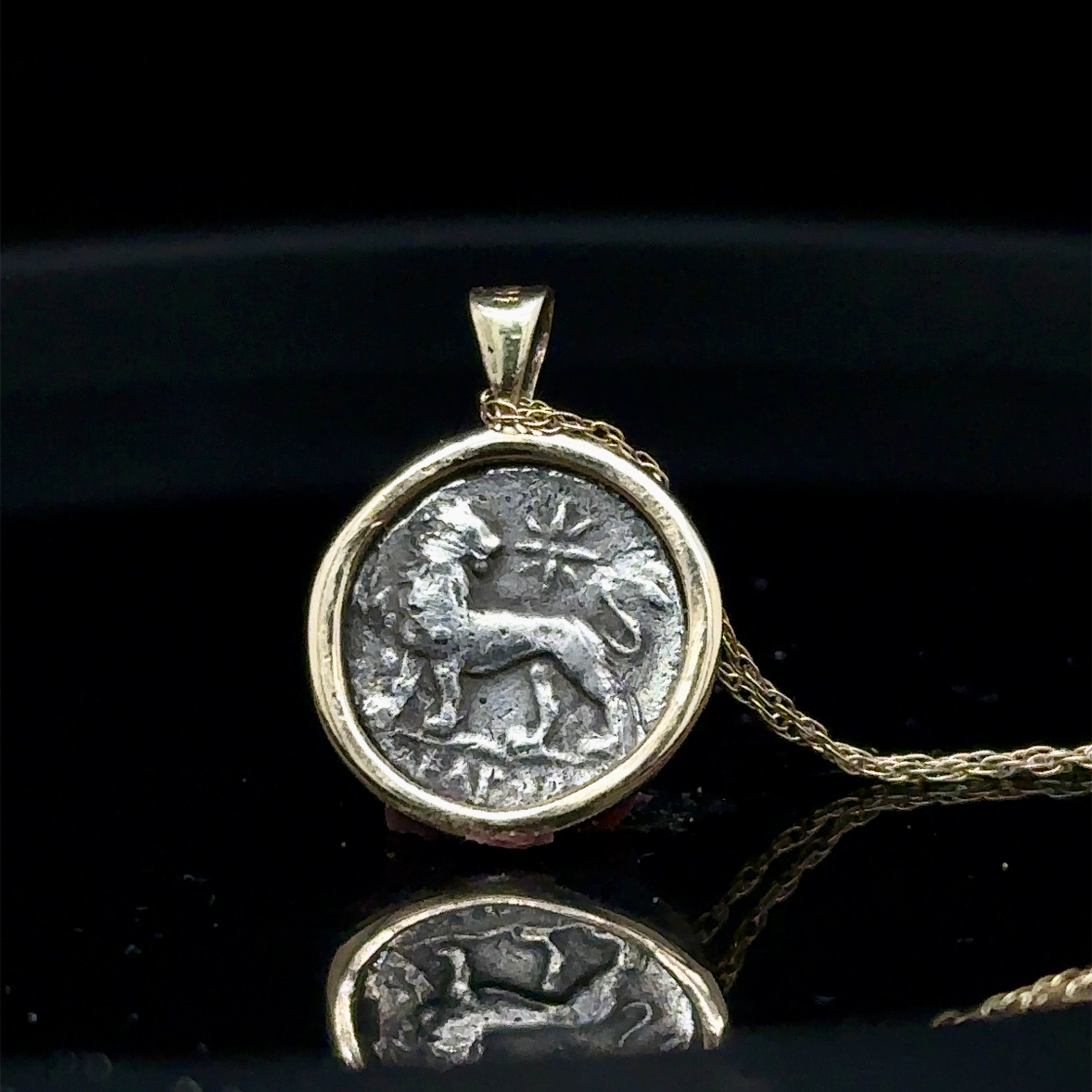 Ancient Greek Apollo and Lion silver coin in solid 14k yellow gold bezel