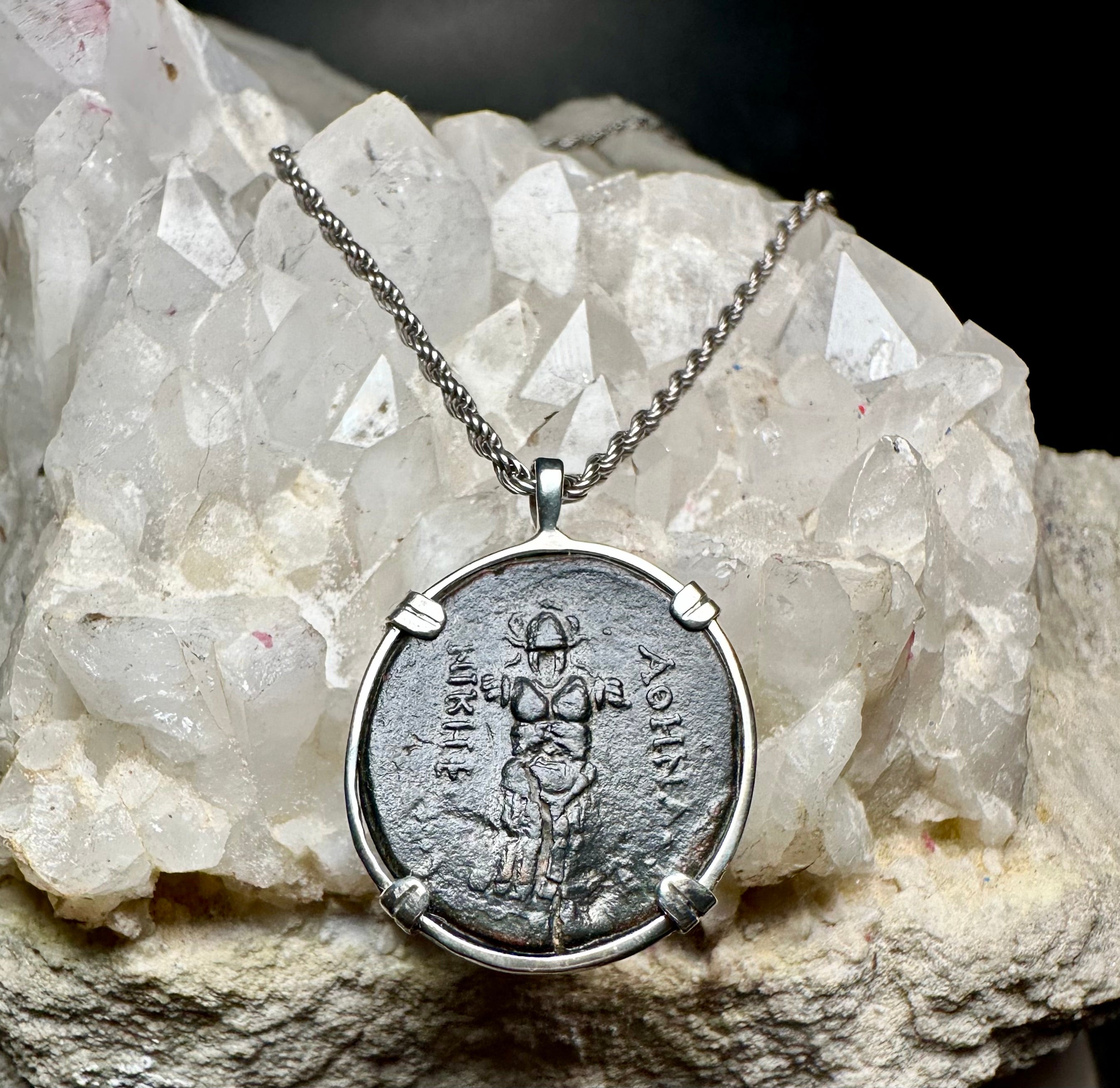 Ancient Greek Armor and Athena coin in sterling silver pendant