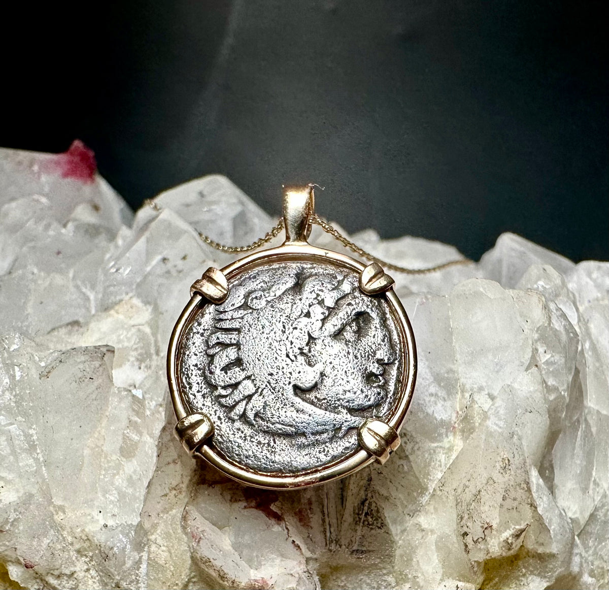 Ancient Greek Alexander The Great silver Drachm in 14k yellow gold filled pendant