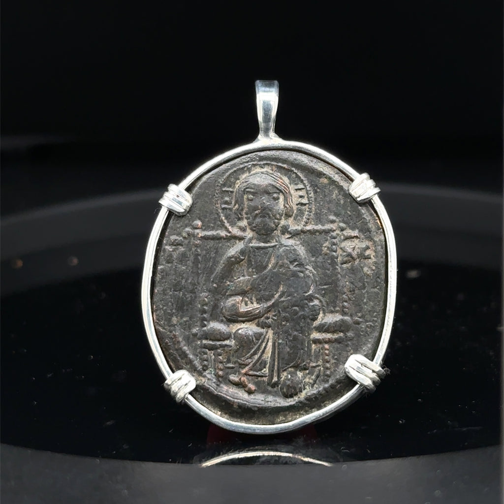 Ancient Byzantine Christ coin in sterling silver pendant “Christ king of Kings” inscription