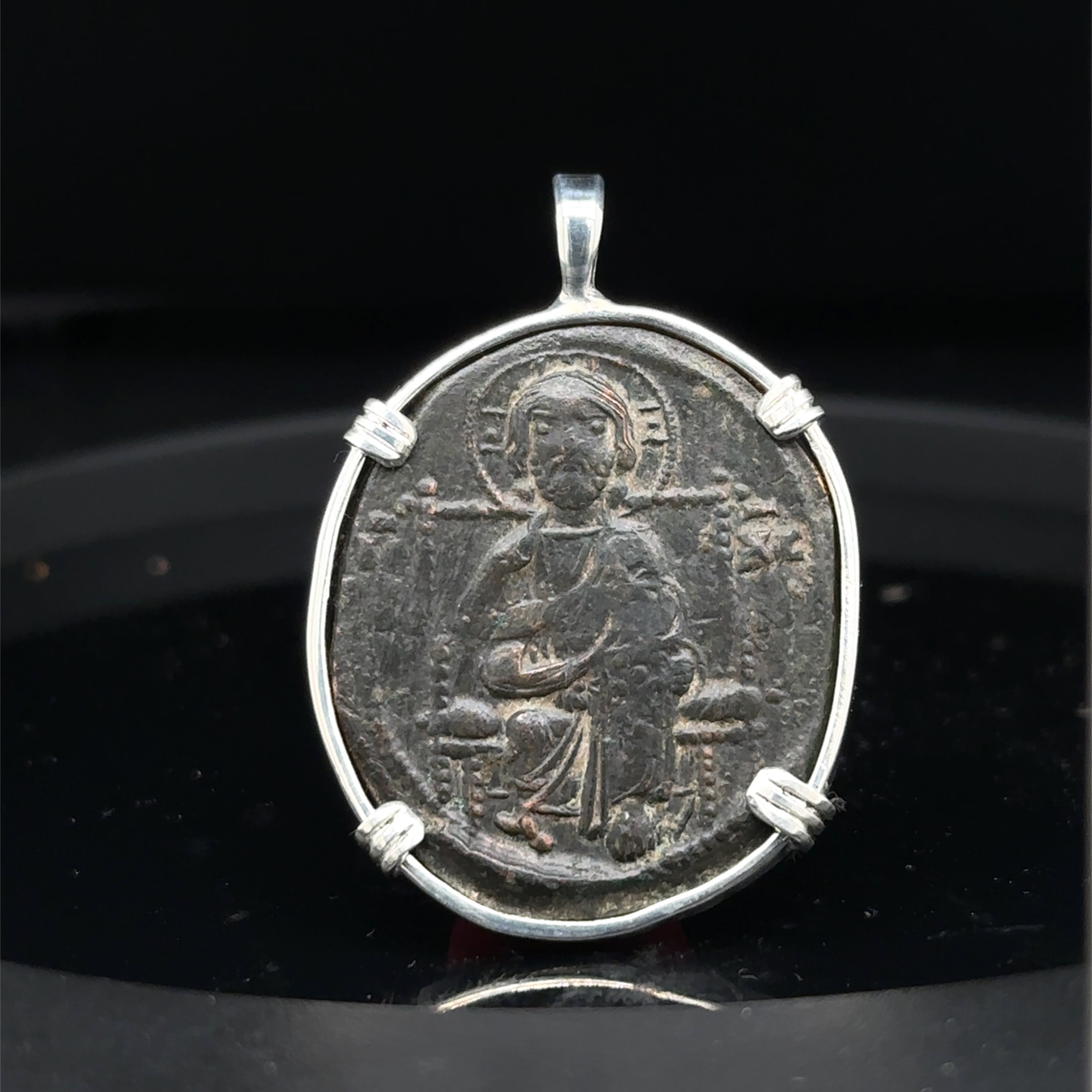 Ancient Byzantine Christ coin in sterling silver pendant “Christ king of Kings” inscription