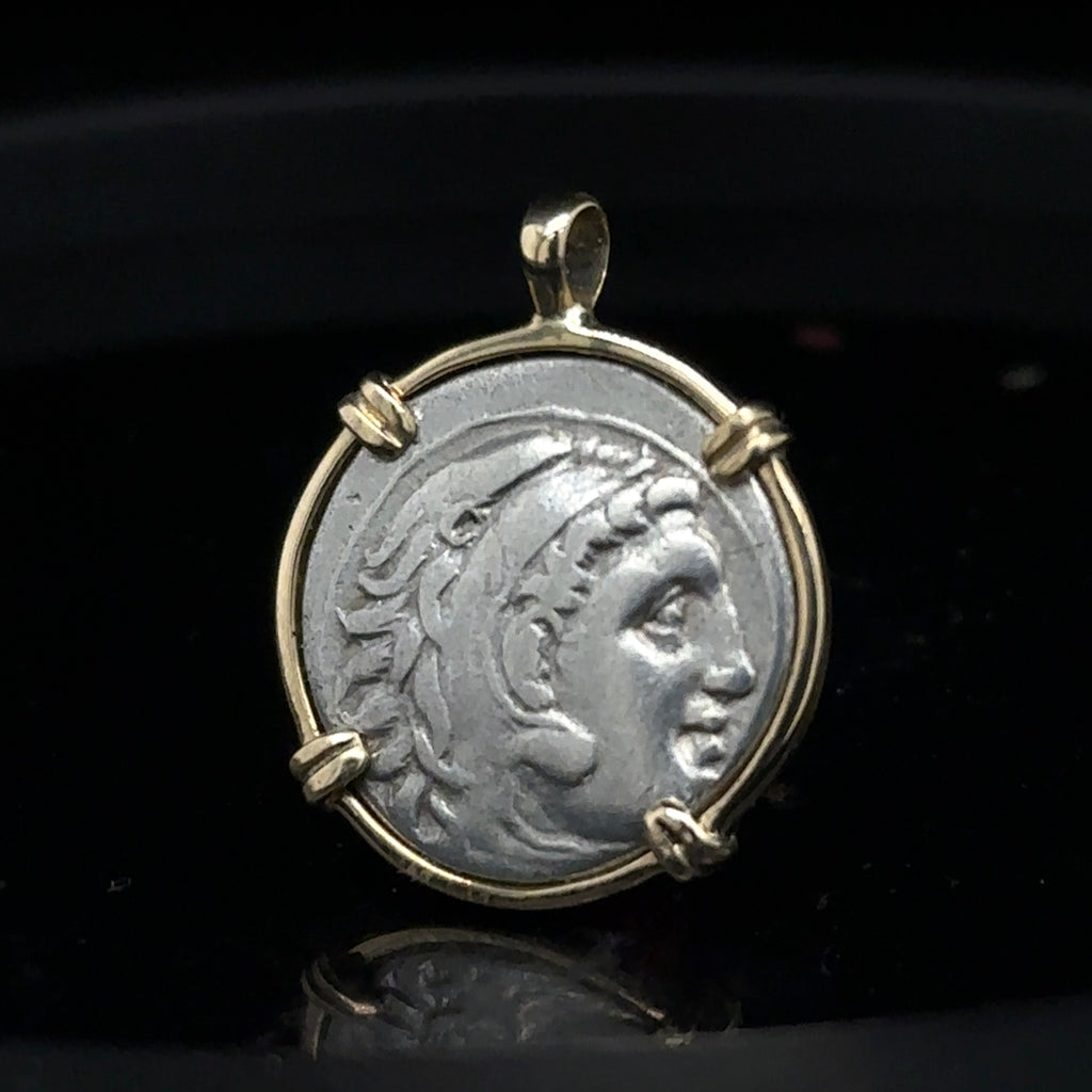 Alexander the Great silver Drachm in solid 14k yellow gold pendant