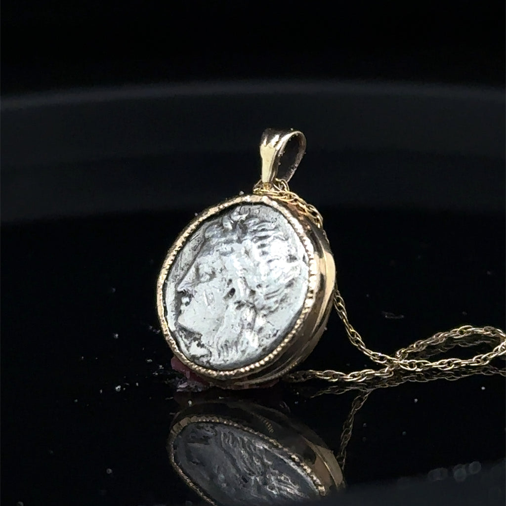 Ancient Greek Apollo and Lion silver coin in solid 14k yellow gold bezel