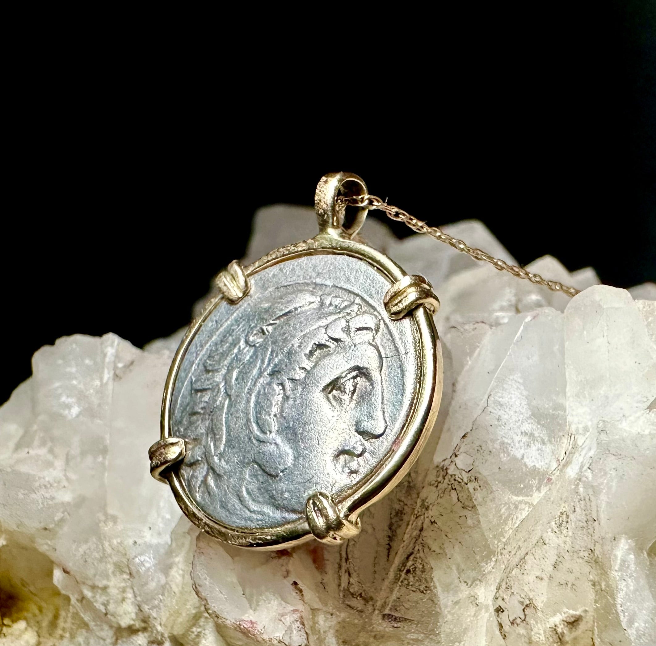 Alexander the Great silver Drachm in solid 14k yellow gold pendant