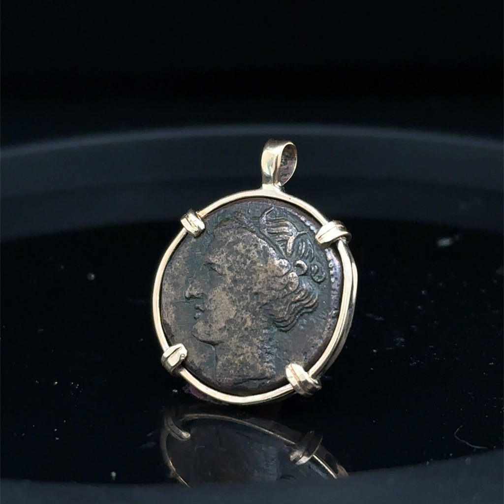 Ancient Sicily Persephone and Bull coin in 14k yellow gold filled pendant