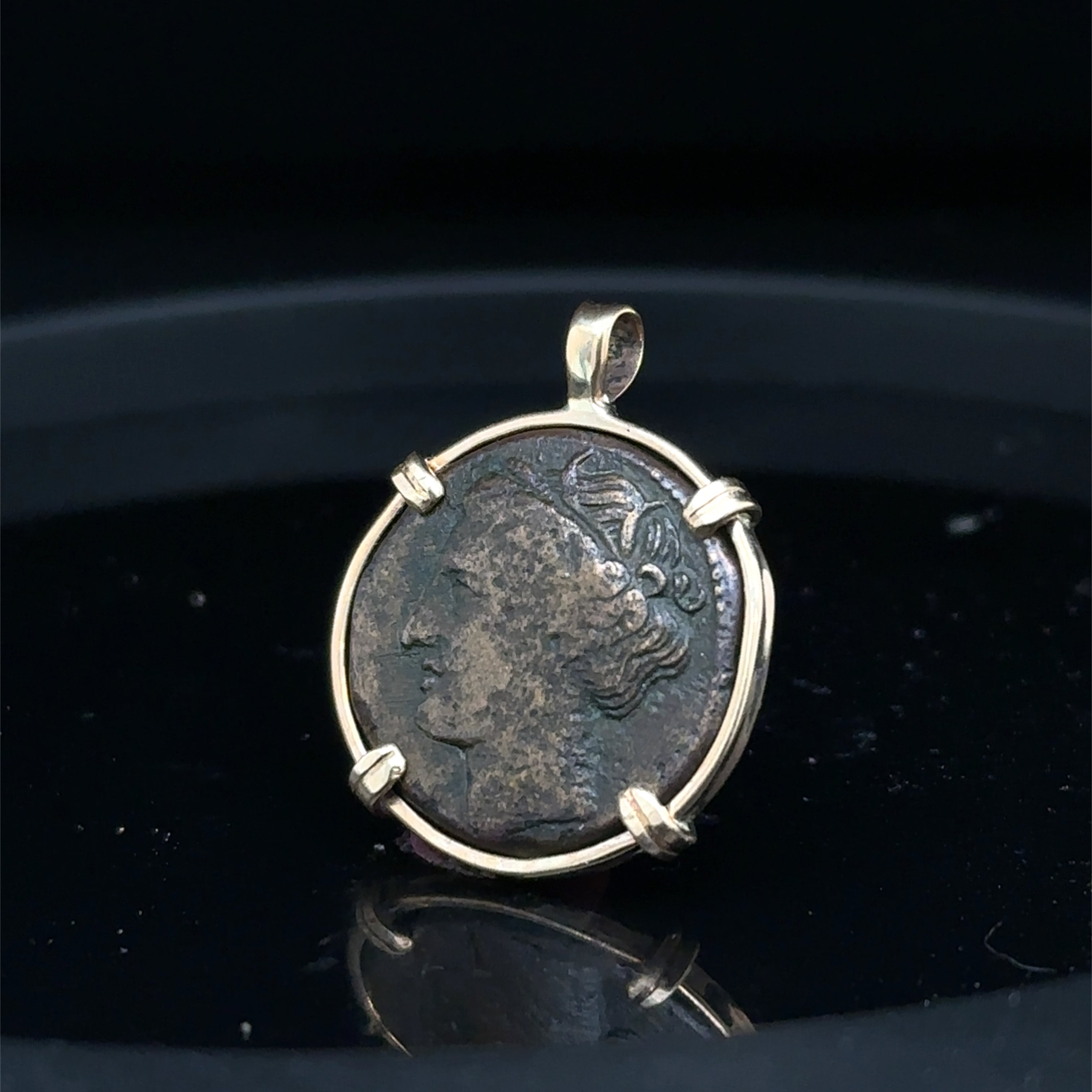 Ancient Sicily Persephone and Bull coin in 14k yellow gold filled pendant