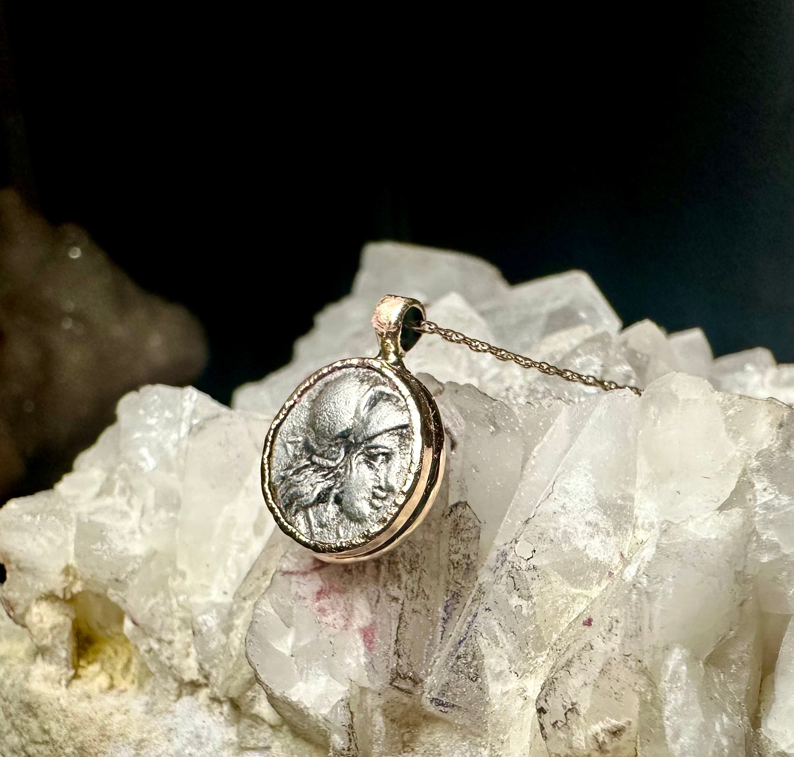 Ancient Greek Silver Athena and Janiform coin in Solid 14k Gold Bezel