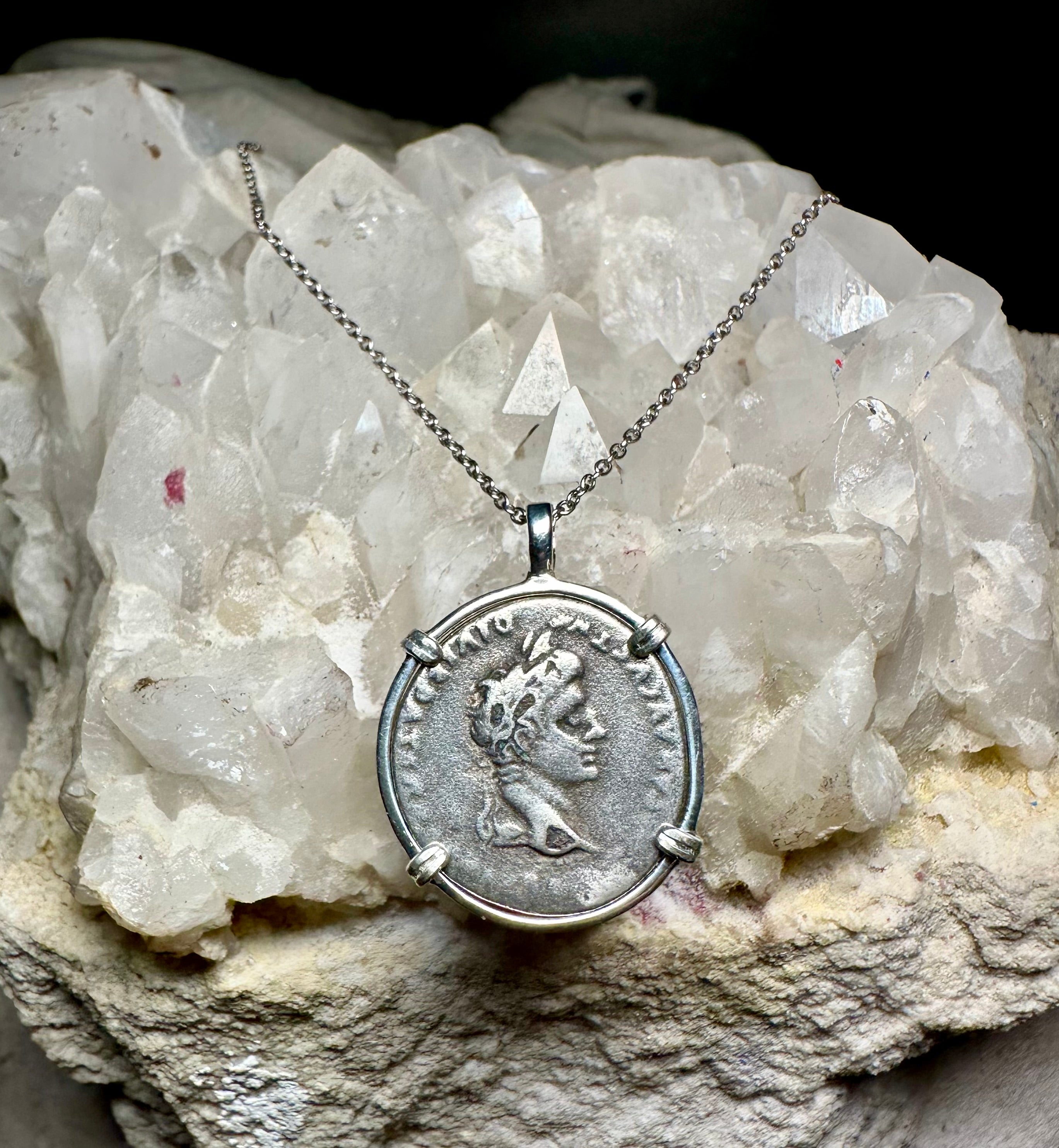 Roman Emperor Augustus silver denarius in sterling silver pendant