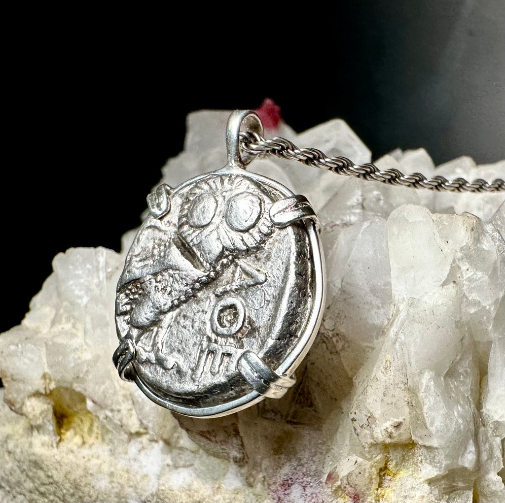 Ancient Athenian Greek Owl and Athena silver tetradrachm in sterling silver pendant