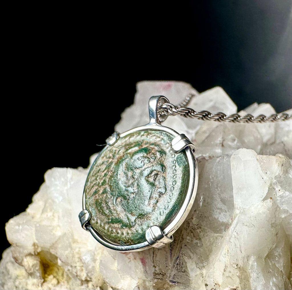 Ancient Greek Alexander The Great coin in sterling silver pendant