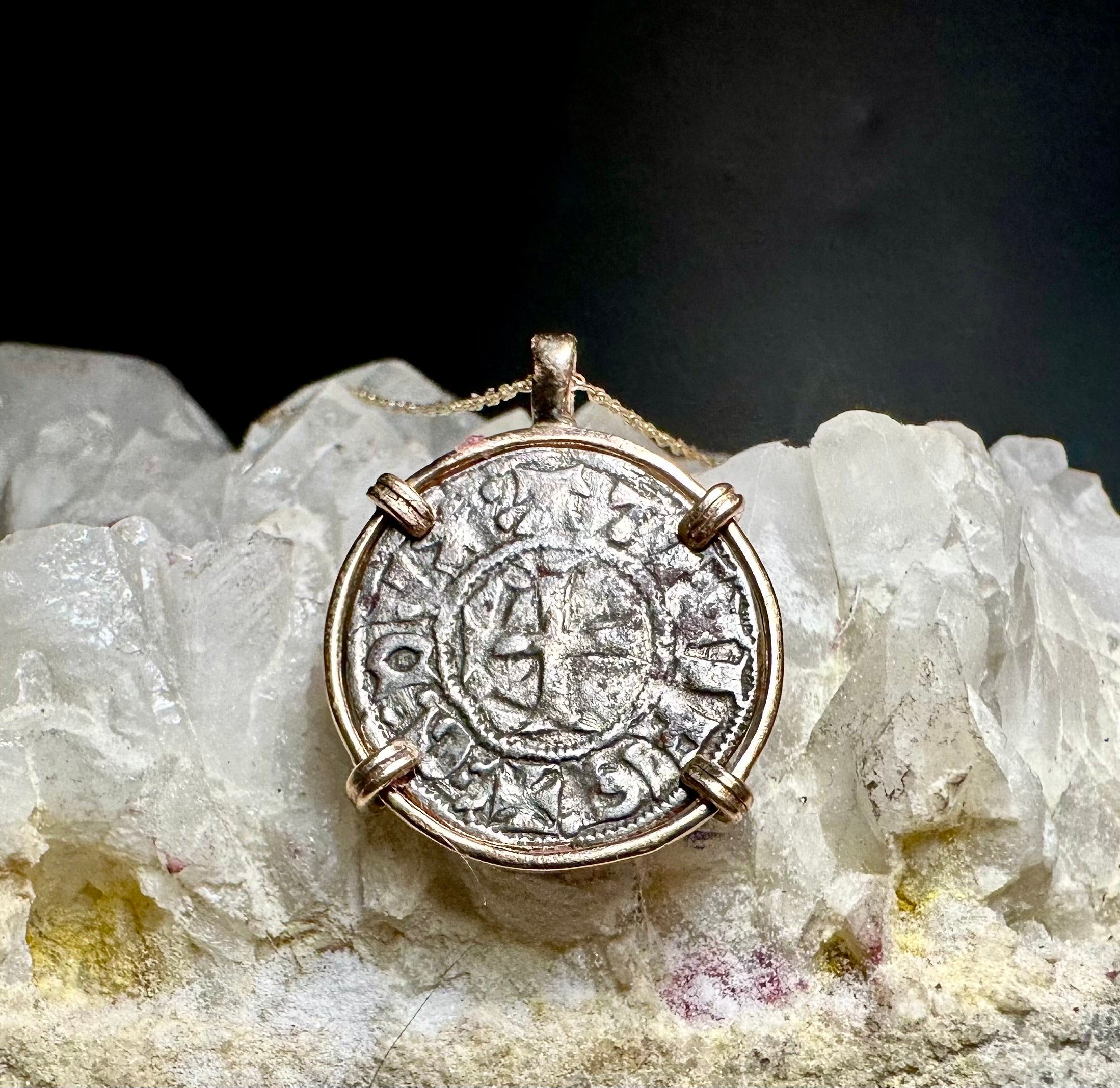 13th century silver Christian Crusader coin in 14k yellow gold filled pendant