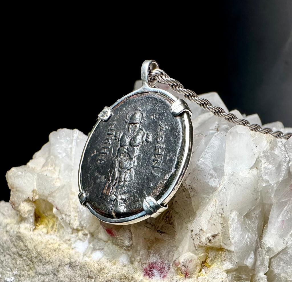 Ancient Greek Armor and Athena coin in sterling silver pendant