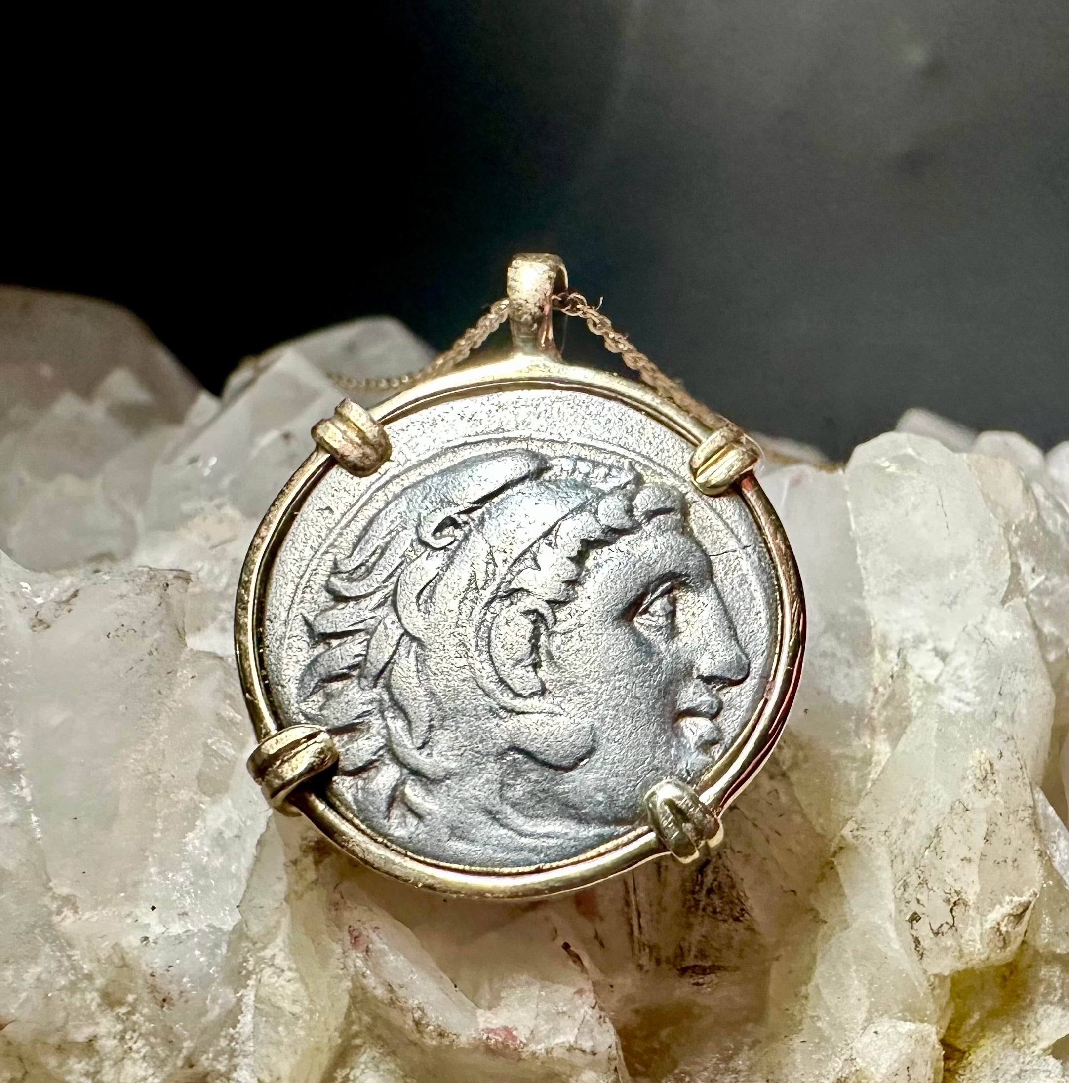Alexander the Great silver Drachm in solid 14k yellow gold pendant