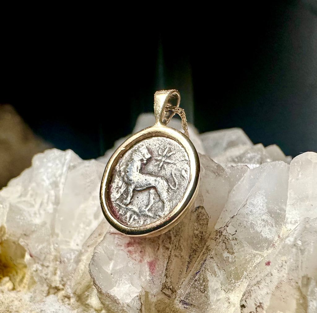 Ancient Greek Apollo and Lion silver coin in solid 14k yellow gold bezel