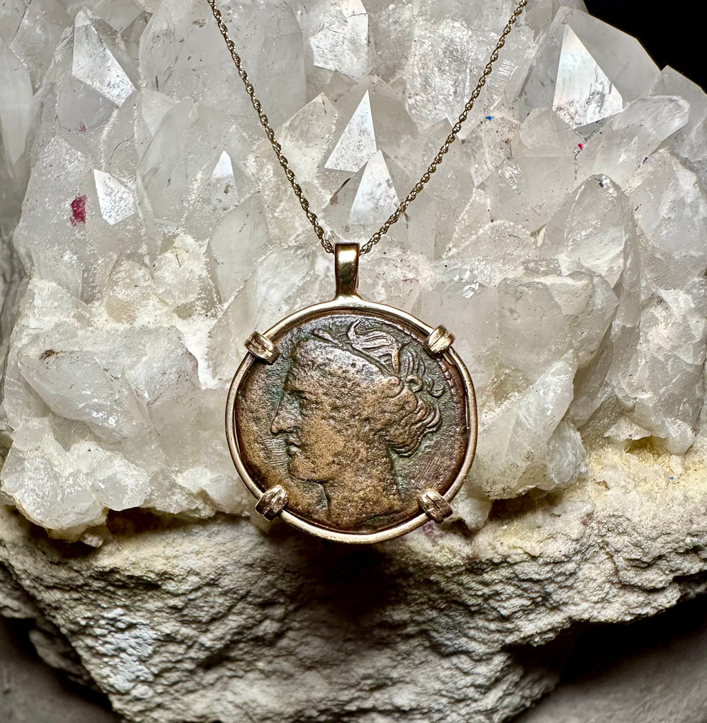 Ancient Sicily Persephone and Bull coin in 14k yellow gold filled pendant