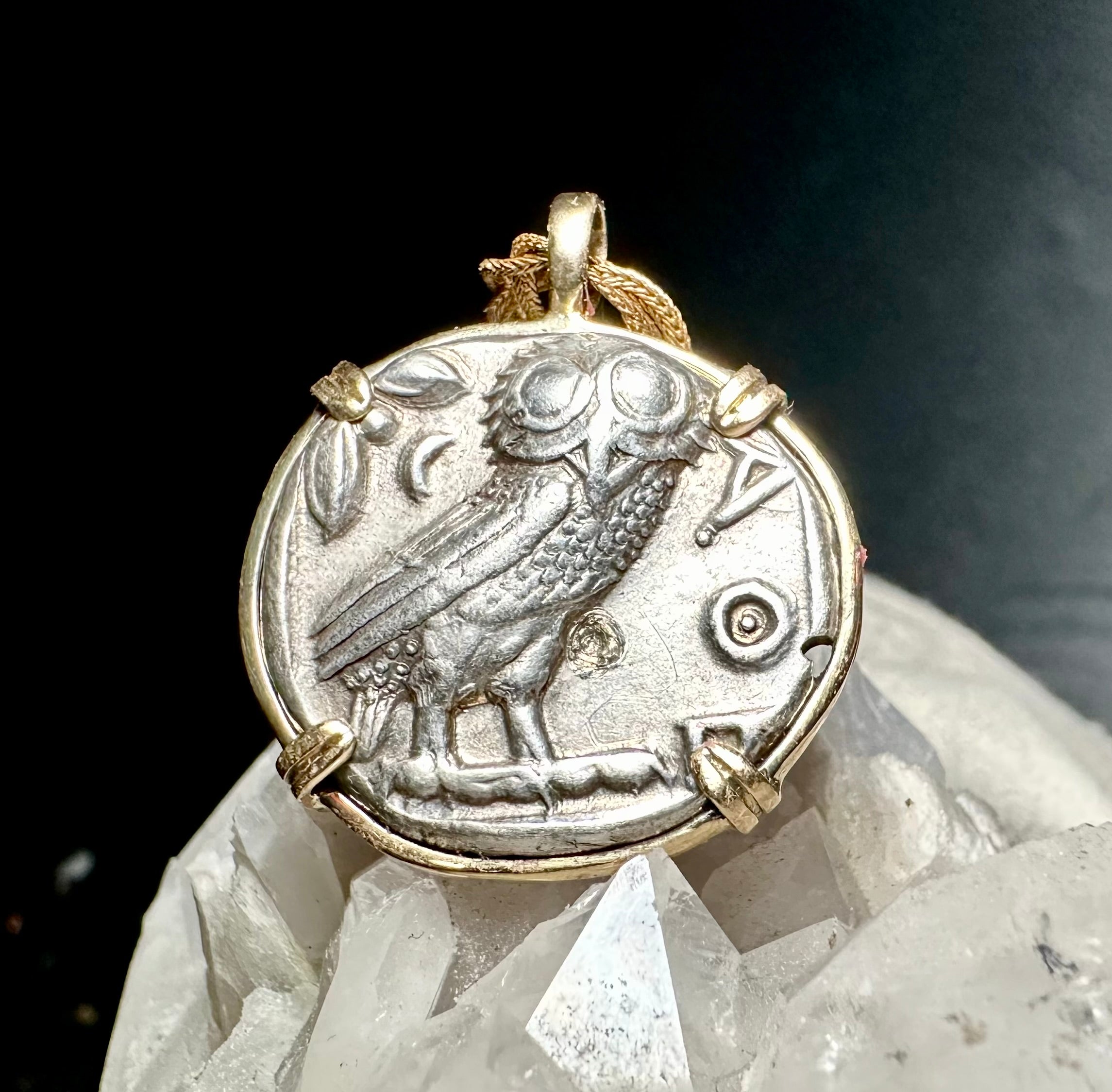 Ancient Greek Athena and Owl silver Tetradrachm in solid 14k yellow gold pendant