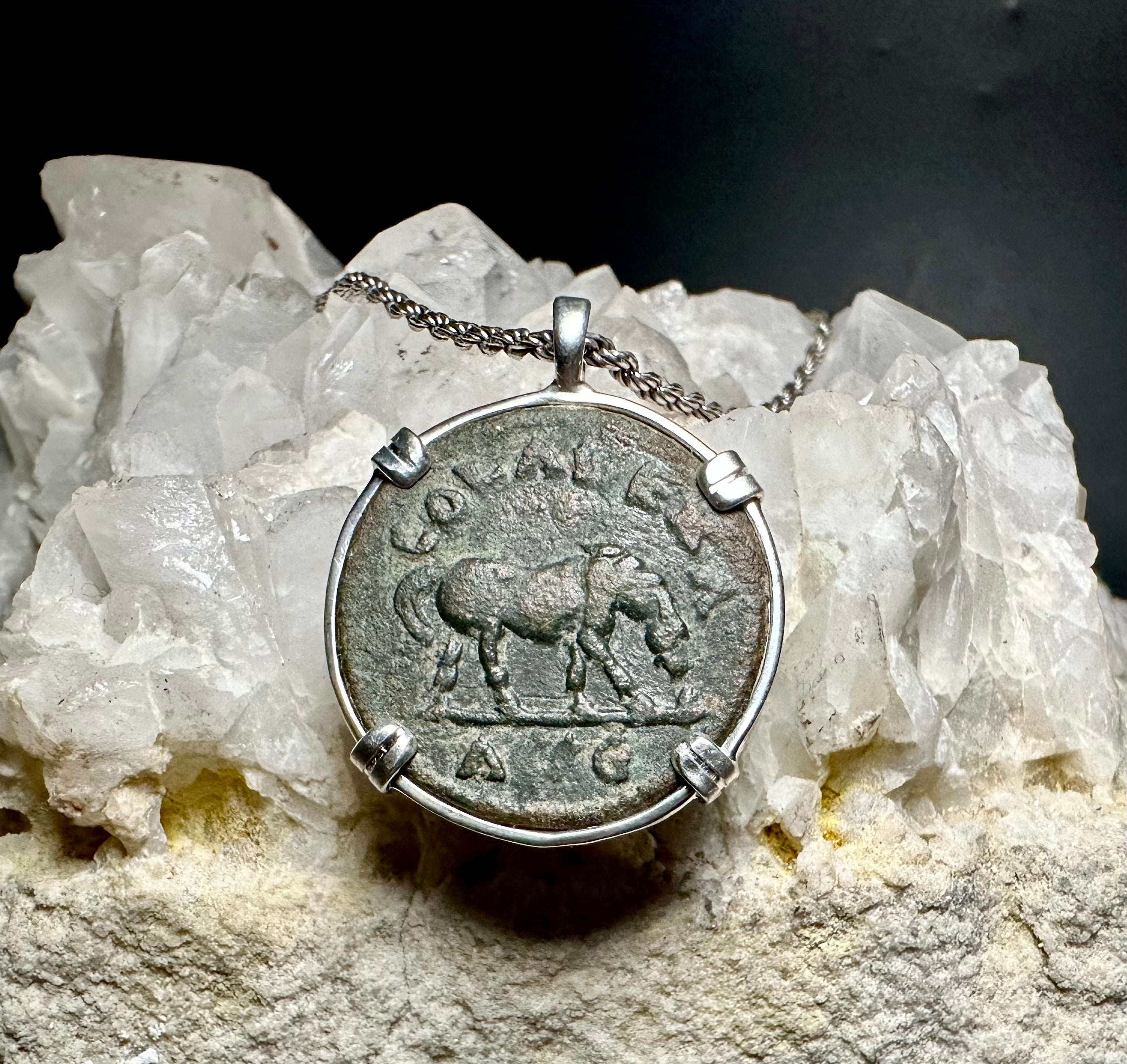 3rd century Ancient Roman Horse coin in sterling silver pendant