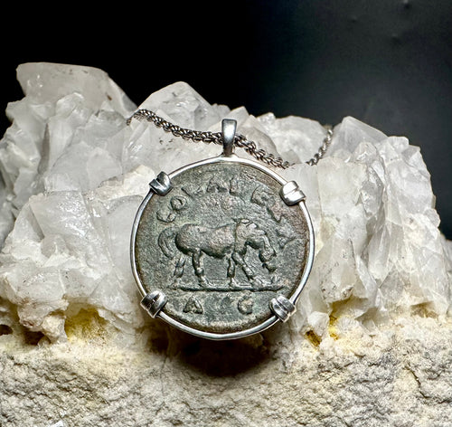 3rd century Ancient Roman Horse coin in sterling silver pendant